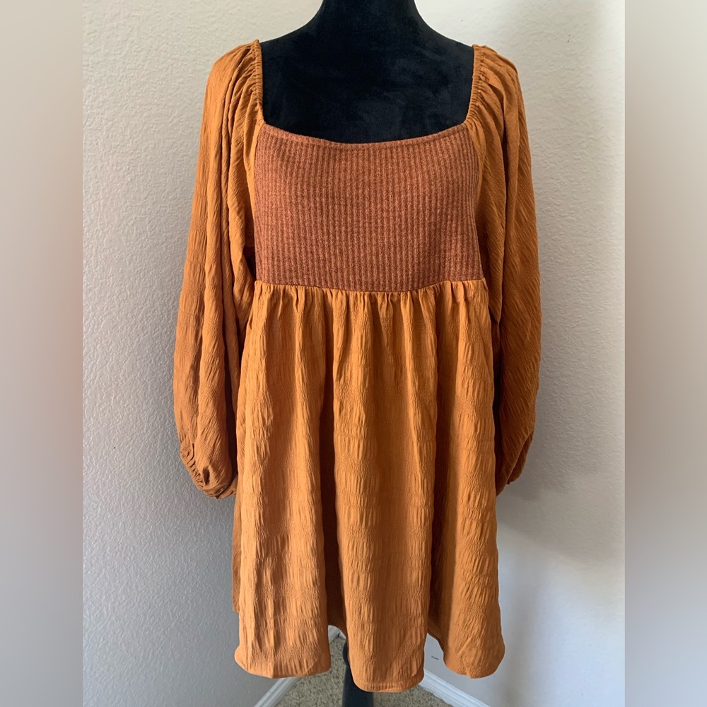 Vici Rust Balloon Sleeve Smocked Dress